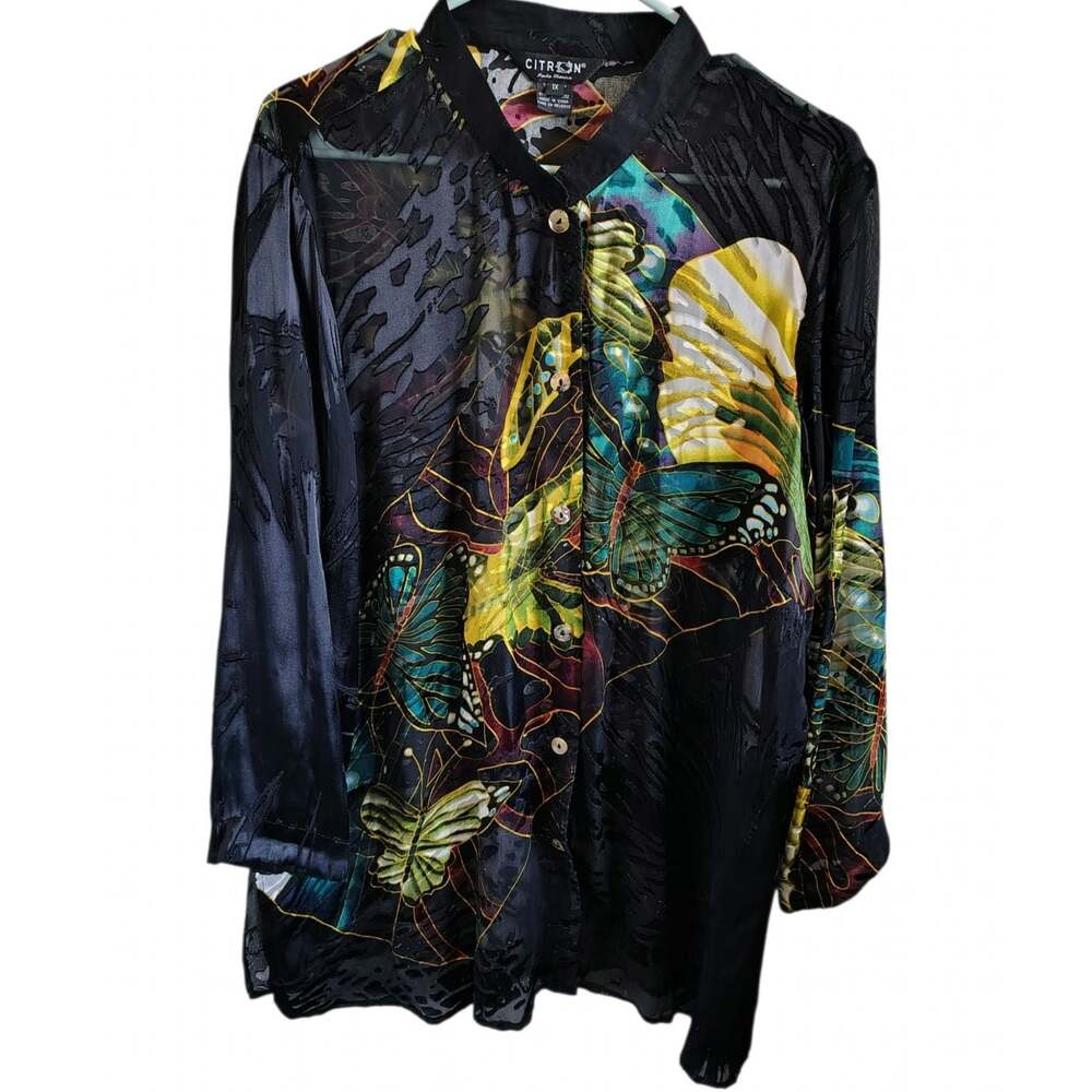 Citron Linda Mardini Butterfly Silk Blend Burnout Tunic Blouse 1X - Picture 2 of 6
